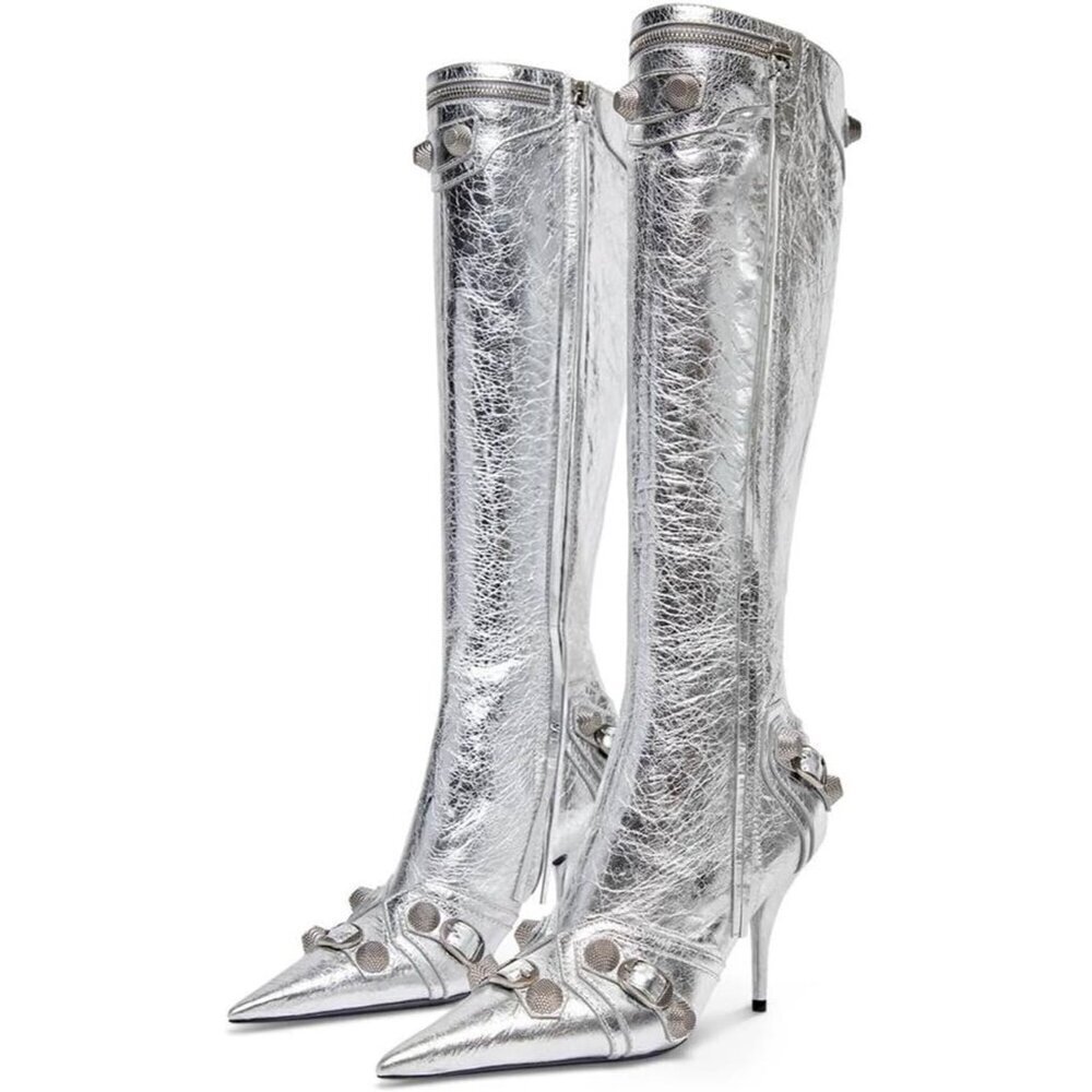 🆕Women's Faux Leather Silver Stiletto Knee High Pointed High Heel Zipper Boot